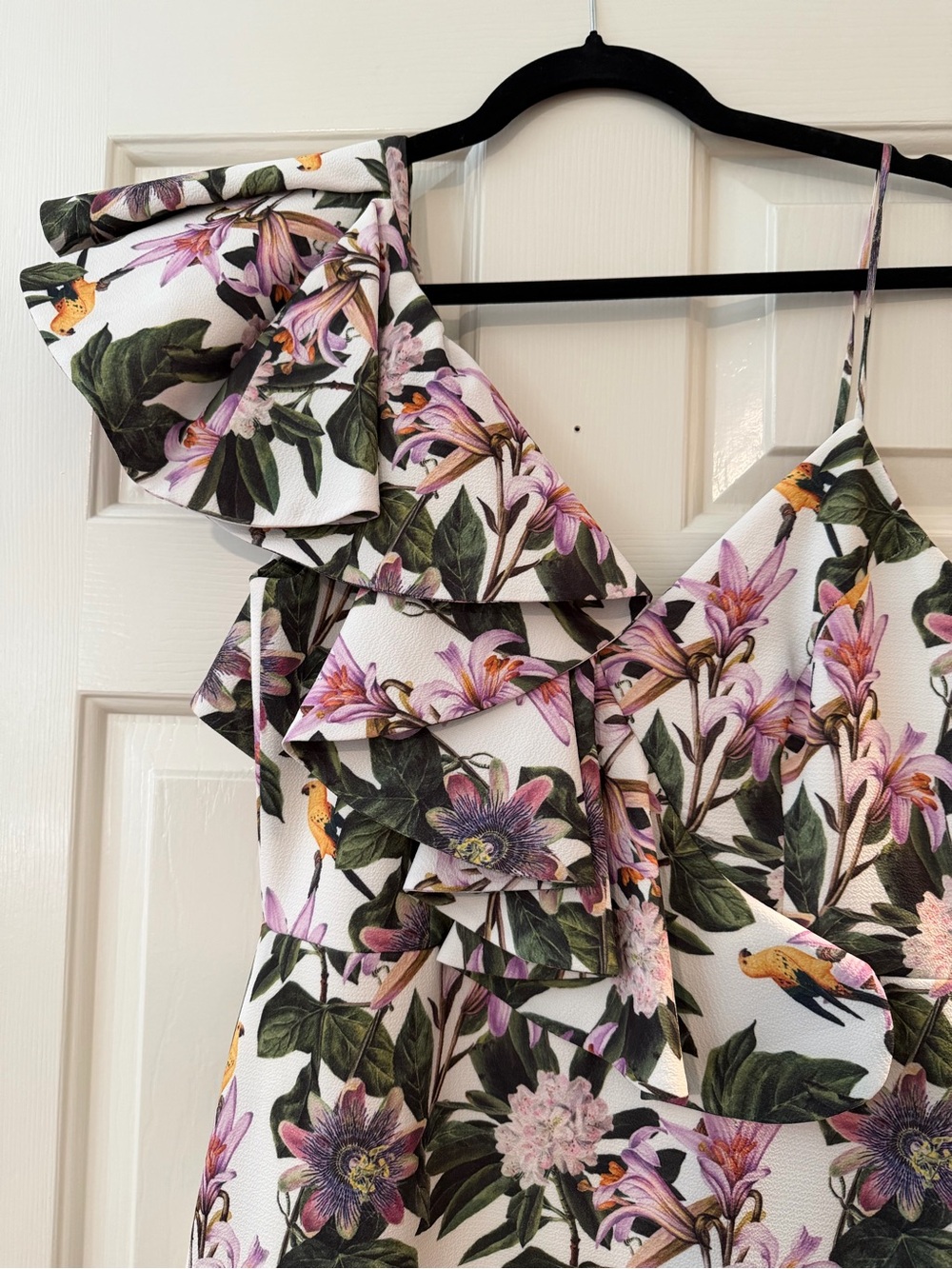 Floral One-Shoulder Maxi Dress - White with Pink & Green - Picture 2 of 6